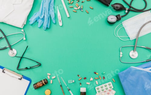 Preview: Healthcare flat lay. Medical supplies and medicine on green background, top view, copy space