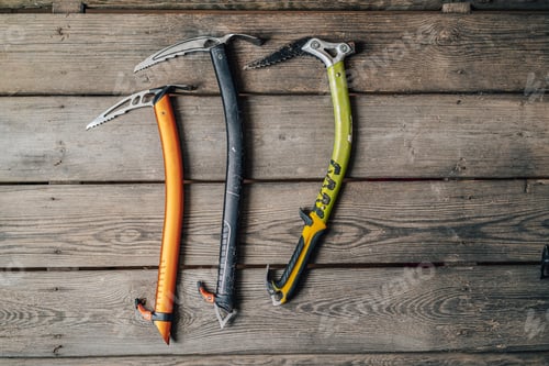 Preview: Ice climbing tools on wooden background