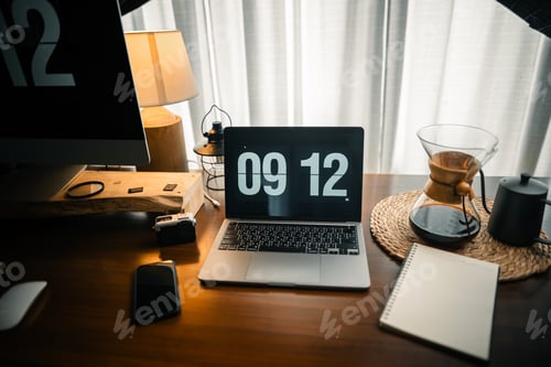Preview: Home computer desk and digital clock on screen