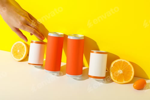 Preview: Tin cans, citrus fruits and hand on yellow background