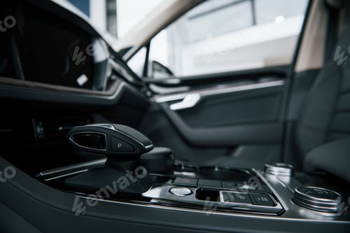 Preview: Black interior. Close up view of interior of brand new modern luxury automobile