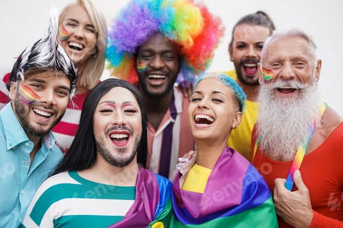 Preview: Portrait of happy multiracial people at gay pride event