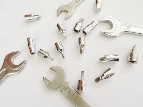 Preview: Wrench spanner, set socket, white background, screwdriver, tools