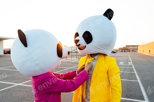 Preview: Storytelling image of a couple wearing giant panda head