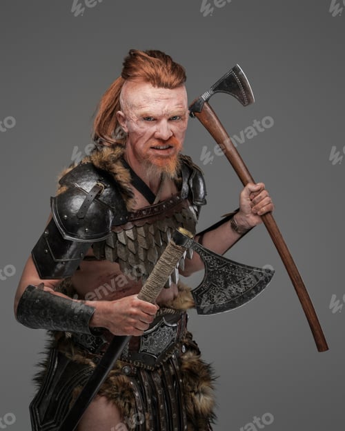 Preview: Combative viking with dual axes isolated on gray