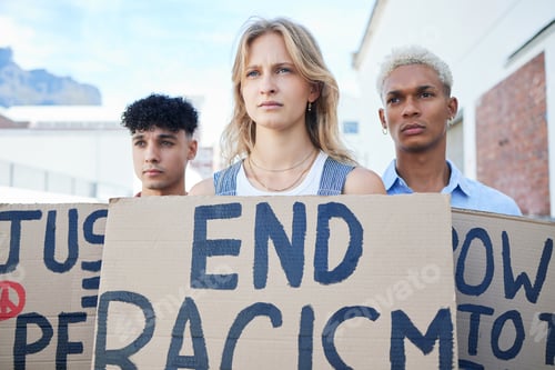 Preview: Racism protest, sign and people in support of human rights, equality and justice together in the ci