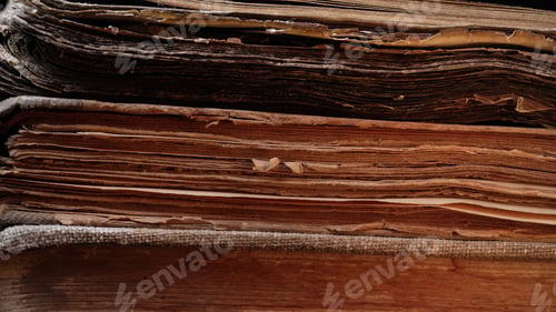 Preview: Aged Book Spines In Macro. Vintage Texture, Timeworn Details. Frayed edges pages