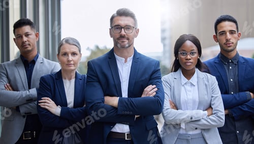 Preview: Cropped portrait of a group of corporate businesspeople standing outside with their arms folded