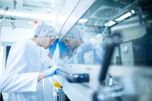 Preview: Male scientist monitoring fume hood test in lab cleanroom