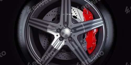 Preview: Car wheel with red breaks on black background.