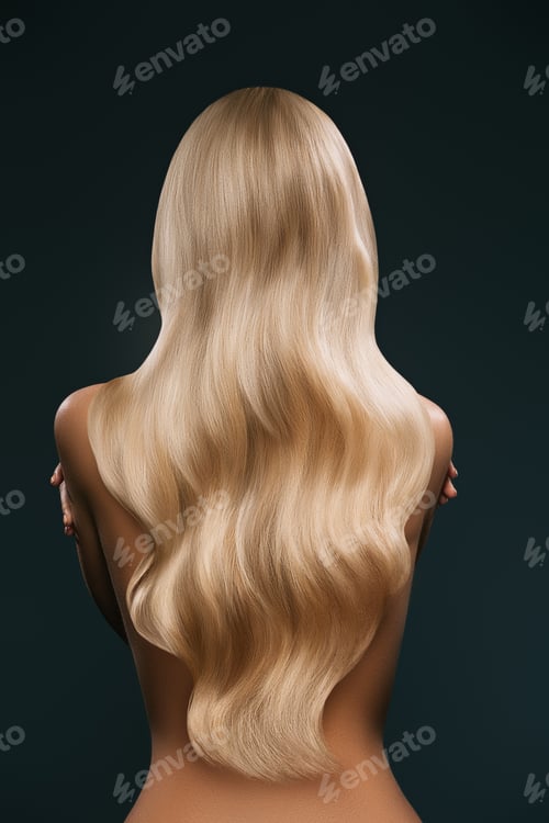 Preview: back view of woman with long blond hair, isolated on grey