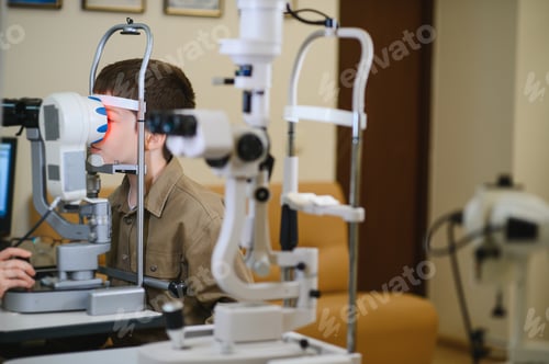 Preview: Boy undergoing vision diagnostics with ophthalmologist in clinic