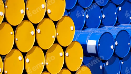 Preview: Stack of many yellow and blue 200 liter oil drums in perspective side view