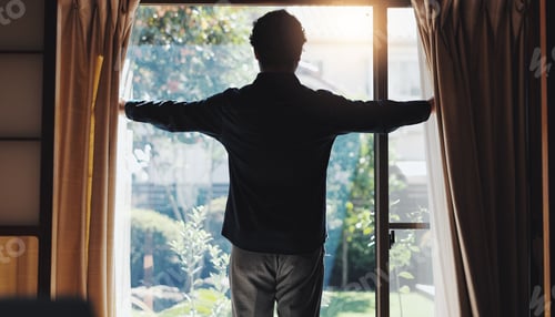 Preview: Morning, home and open curtain with man to start day with sunshine at vacation rental and accommoda