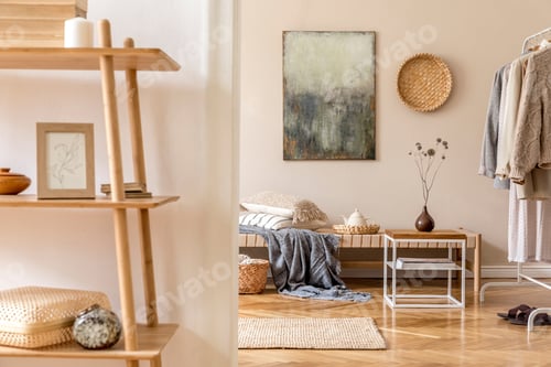 Preview: Boho composition of living room with furnitures.
