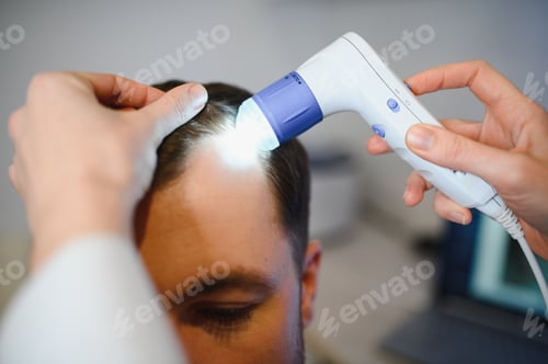 Preview: A trichologist examines the hair of a man who begins alopecia.