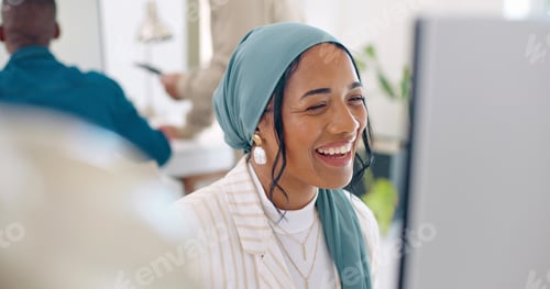 Preview: Video call, computer and laughing Islamic woman talking, speaking and chat to online business conta