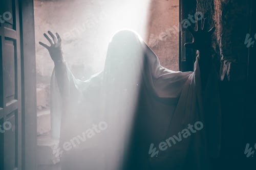 Preview: Halloween concept with ghost in smoky night