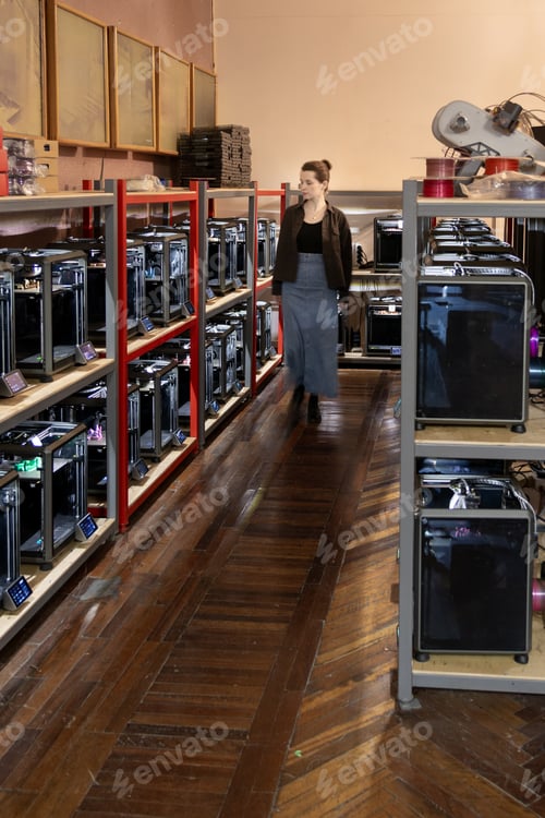 Preview: female engineer is engaged in setting up and controlling a 3D printer.