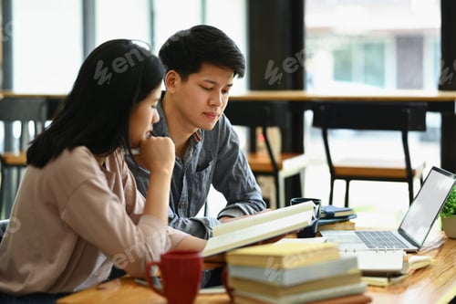 Preview: Male and female students are working on academic project or preparing for exam.