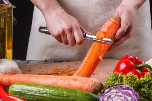 Preview: young woman in gray apron peeling carrots