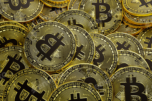 Preview: Golden bitcoin isolated Bitcoin BTC Cryptocurrency Coins. Stock Market Concept. 3D rendering