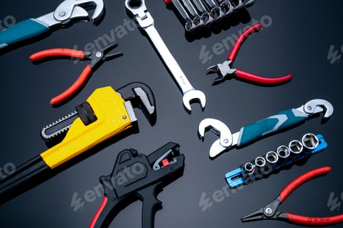Preview: Mechanic tools on black background. Set of pipe wrench, bent wrench, nuts, spanner, pliers