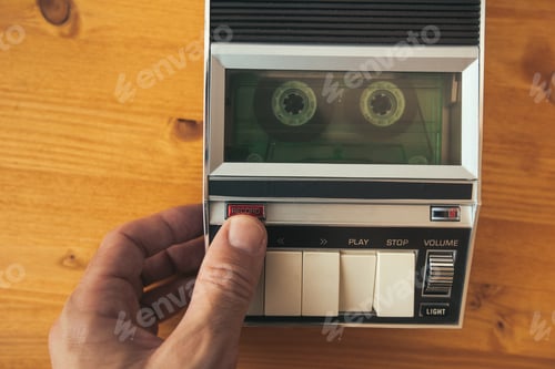 Preview: Finger pressing record button on vintage audio cassette tape pla
