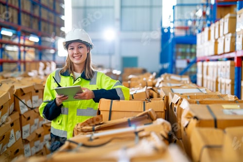 Preview: Pretty young warehouse woman hold tablet and stand near stack of product boxes in warehouse