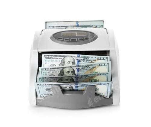 Preview: Modern electronic bill counter with money on white background