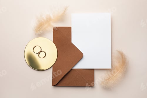 Preview: Wedding invitation card, envelope, gold rings and feather on beige background, flat lay