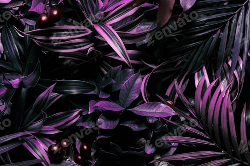 Preview: Close-up of dark purple leaves with a few red berries. Creative tropical background for design.