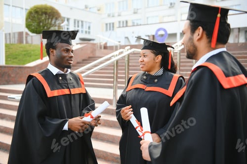 Preview: Group of happy smiling multicultural people in graduation gowns and caps with diplomas