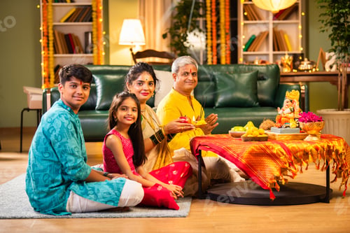 Preview: Indian family celebrating Ganesh Chaturthi, performing puja with traditional rituals and offerings