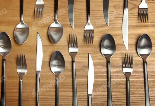 Preview: Forks, knives and spoons on wooden table, top view