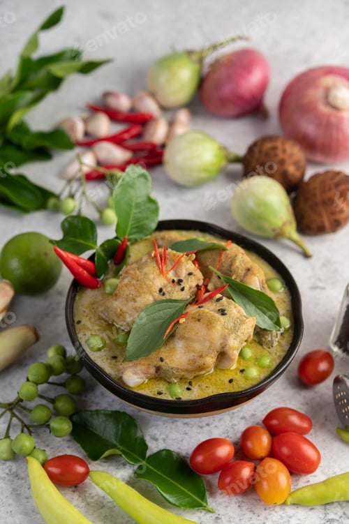 Preview: Chicken green curry in a bowl .