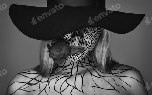 Preview: Fashion Portrait Of Girl With Faceart And Red Lips. Picture Taken In The Studio On A Black
