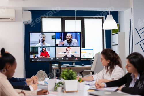 Preview: Emplyees workers having webcam group conference with coworkers