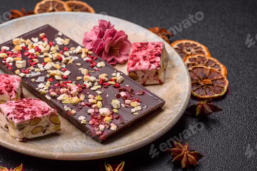 Vorschau: Tafelsüße, handwerklich hergestellte Schokolade mit getrockneten Früchten, die zu Hause hergestellt werden. Schokolade herstellen