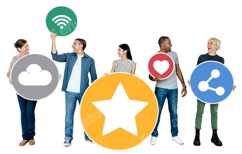 Preview: Happy people holding internet icons