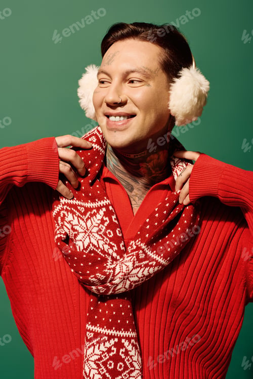 Preview: A joyful young man in festive attire with tattoos, celebrating the holiday spirit indoors
