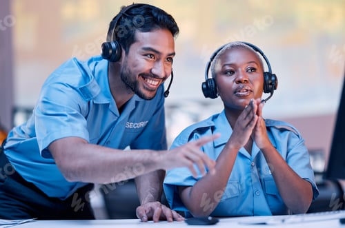 Preview: Security, surveillance and a man training a black woman in a control room for safety or law enforce
