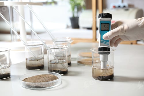 Preview: Scientist measuring acidity and pH of soil at table, closeup. Laboratory analysis