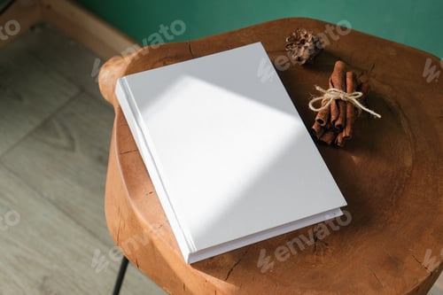 Preview: High angle view of white hard cover book on wooden decorative table with a pumpkin and red berries