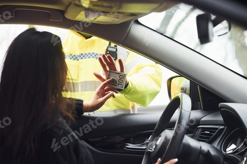 Preview: Male police officer in green uniform refuse to take bribe from woman in vehicle