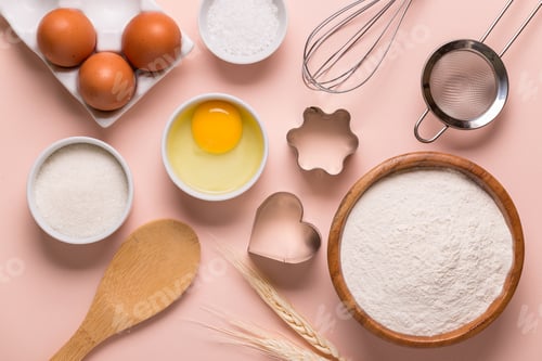 Preview: Baking or cooking background. Ingredients, kitchen items for baking.