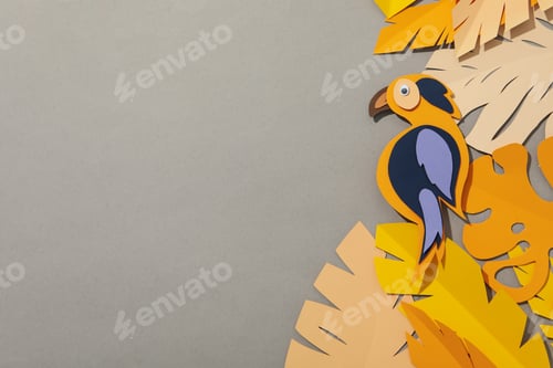 Preview: Paper peach tropical leaves on a gray background. With birds.