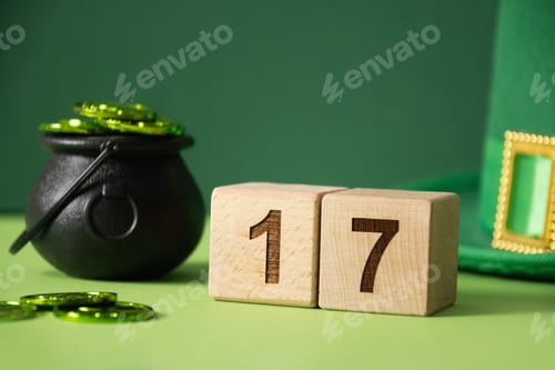 Preview: St Patricks day concept with Leprechaun Hat on green background.