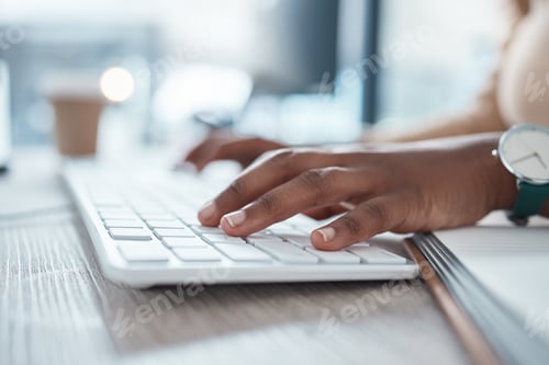 Preview: Search, computer and hands of business woman typing for communication, technology and networking. T
