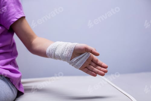 Preview: Girl with injured hand sitting on stretcher bed